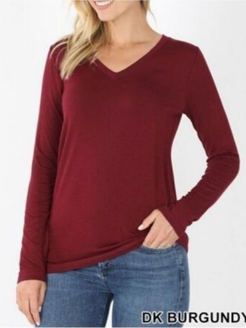 ZENANA Long Sleeve V Neck Burgundy Color Top Size Medium NWT